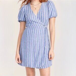 Old Navy Striped Puff Sleeve Wrap Mini Dress Blue/White Size Medium